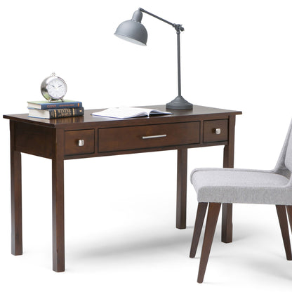 Avalon Handcrafted Writing Desk by HouseOfZazla in dark wood with gray lamp and open notebook on Tampa Home & Garden Store