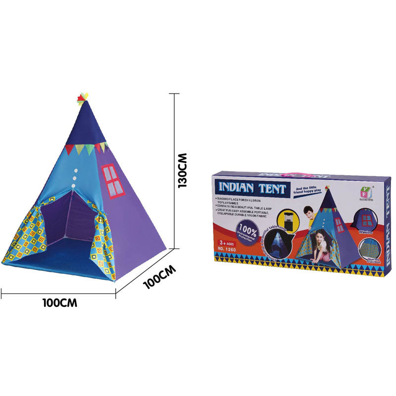Children's Indian tent toy in blue and purple fabric with doorway and packaging box on Tampa Home & Garden Store