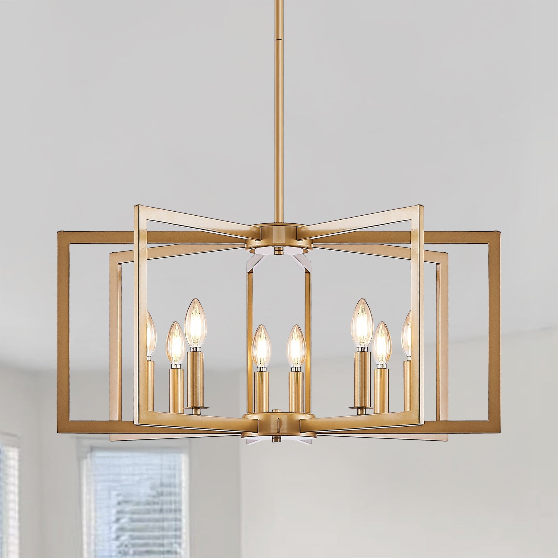 27' Modern Golden Geometric 8-Light Chandelier with cube frame and candle bulbs on Tampa Home & Garden Store