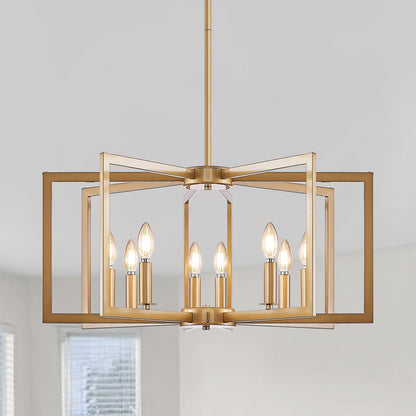 27' Modern Golden Geometric 8-Light Chandelier with cube frame and candle bulbs on Tampa Home & Garden Store