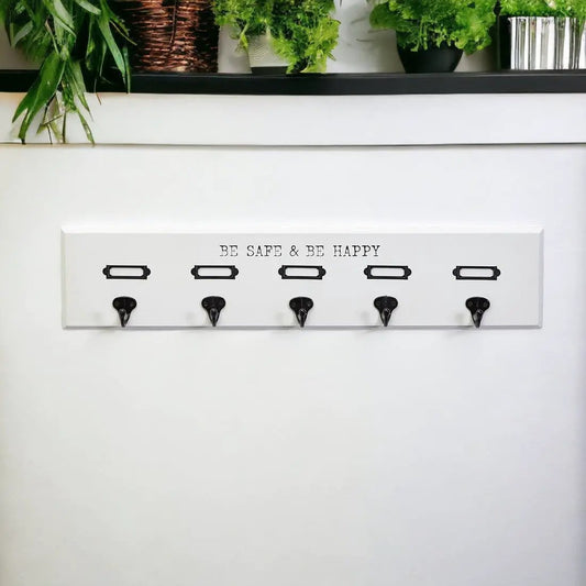 Wooden Hang This Way white wall-mounted rack with five black hooks and label slots Be Safe & Be Happy on Tampa Home & Garden Store