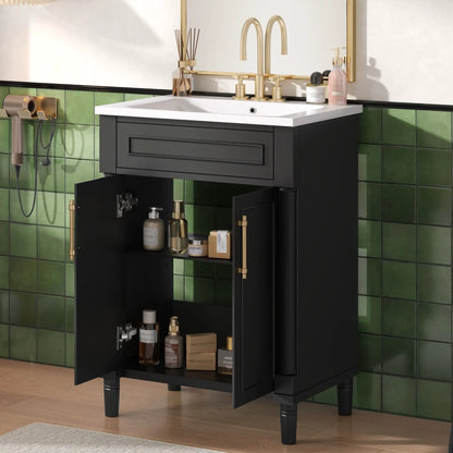 Bathroom vanity with integrated white sink, black cabinet, brass fixtures on Tampa Home & Garden Store