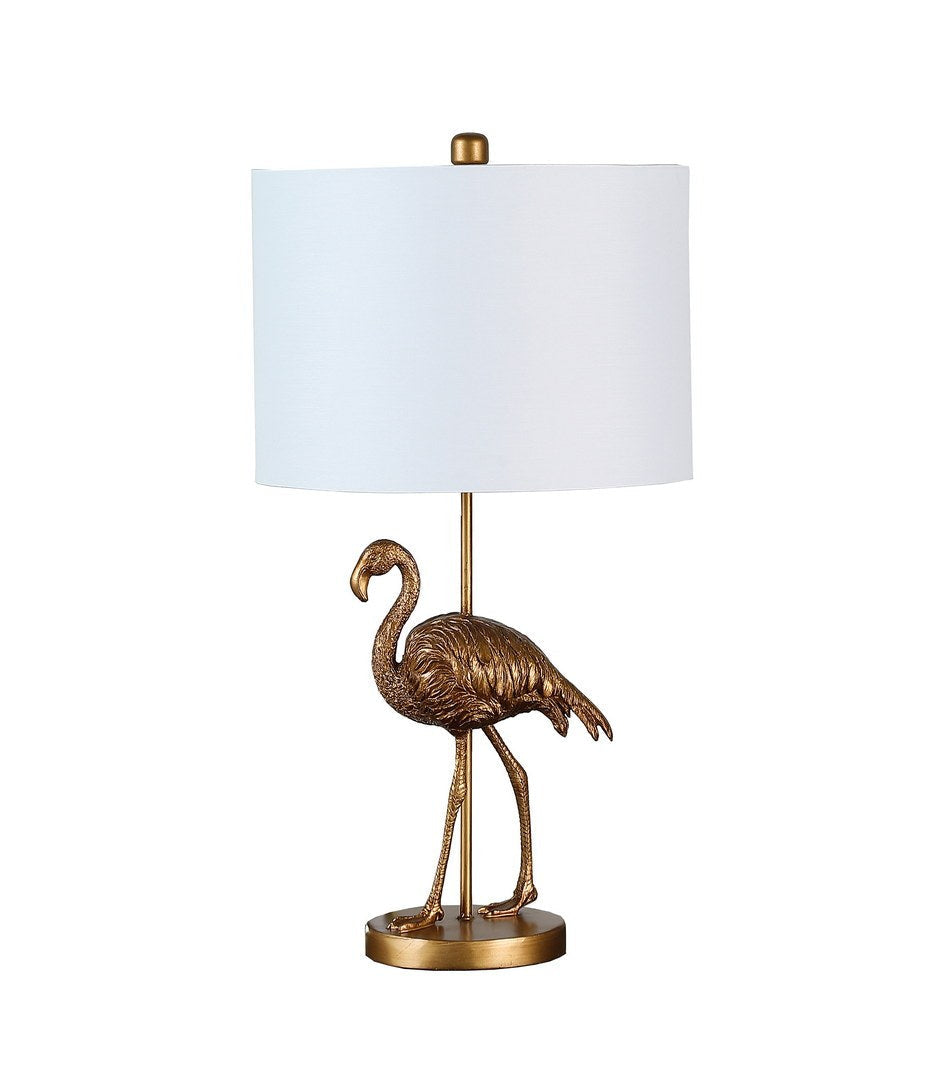 26in Matte Gold Flamingo Resin Table Lamp by HouseOfZazla with white drum shade on Tampa Home & Garden Store