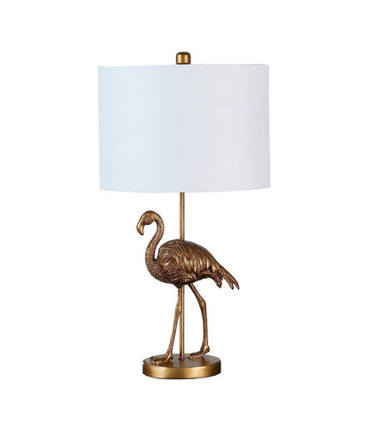 26in Matte Gold Flamingo Resin Table Lamp by HouseOfZazla with white drum shade on Tampa Home & Garden Store