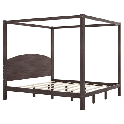 HouseOfZazla canopy bed frame with headboard and slatted base in dark brown wood on Tampa Home & Garden Store