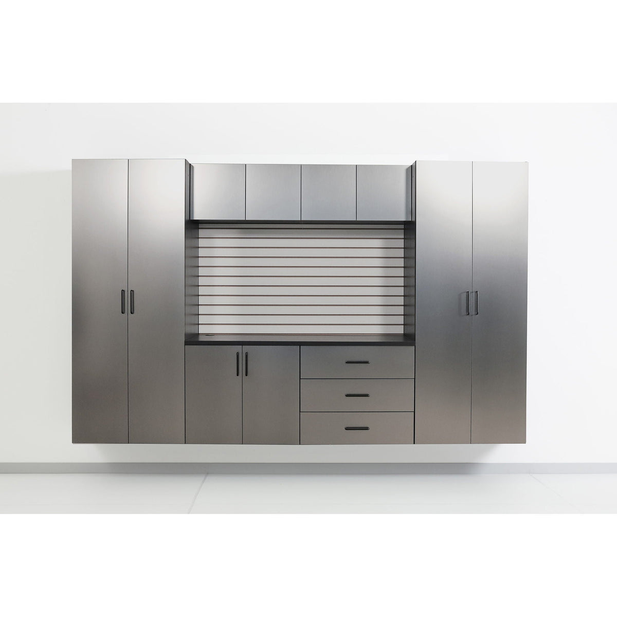Astro Series wall storage cabinet with soft closing drawers in metallic gray on Tampa Home & Garden Store