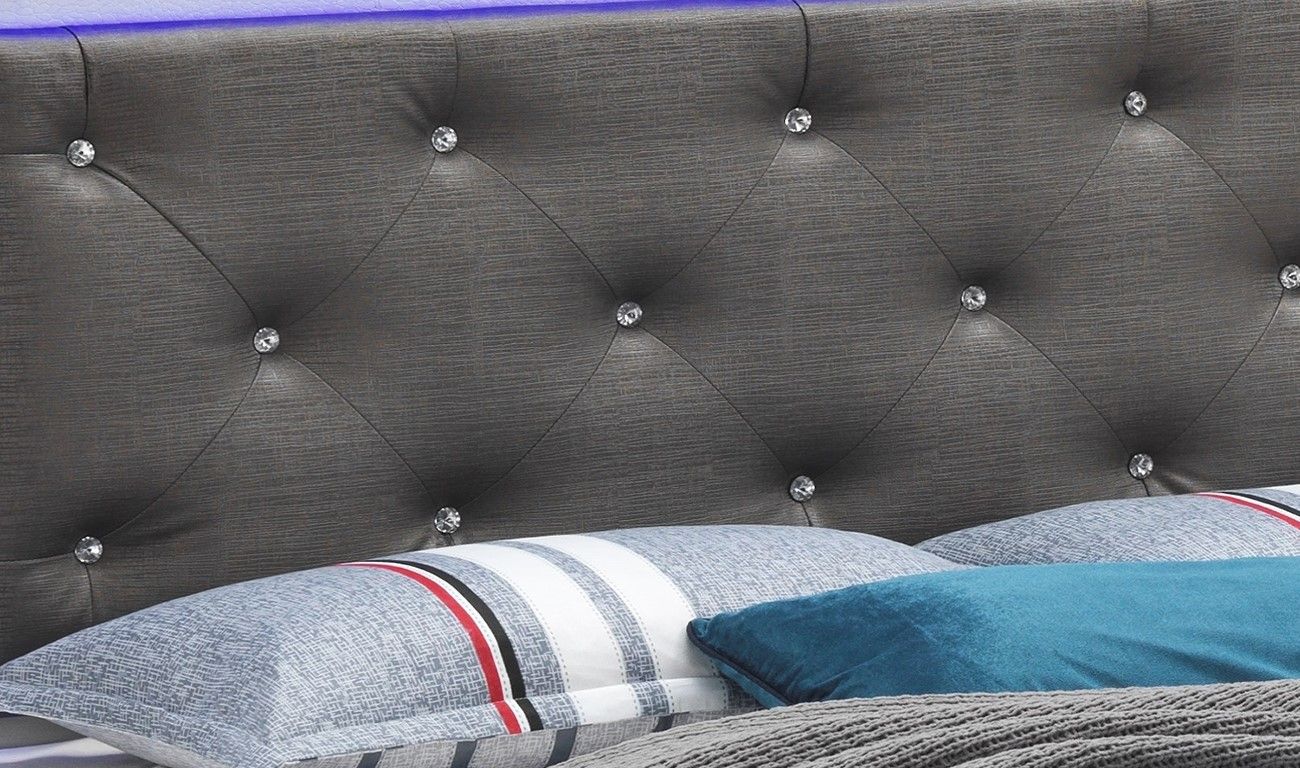 LED Elegant Bed with tufted gray headboard and crystal buttons; striped bedding on Tampa Home & Garden Store