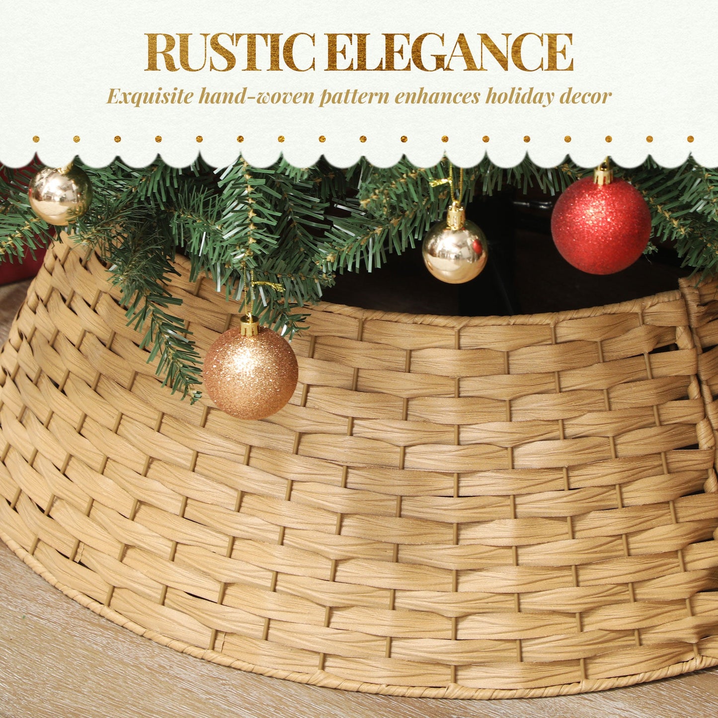 Plastic woven Christmas tree collar in natural beige with evergreen garland and gold ornaments on Tampa Home & Garden Store
