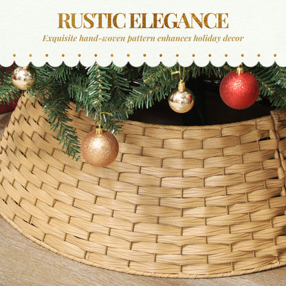 Plastic woven Christmas tree collar in natural beige with evergreen garland and gold ornaments on Tampa Home & Garden Store