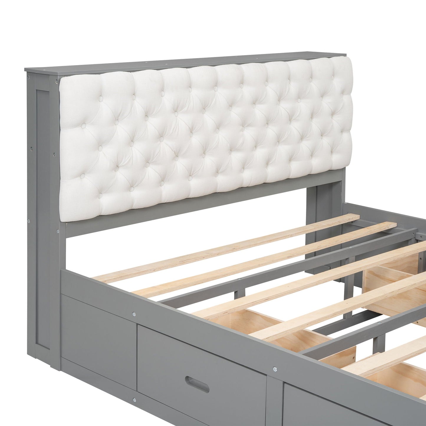 Platform bed with storage headboard and shoe rack, gray frame, white tufted headboard, 4 drawers on Tampa Home & Garden Store