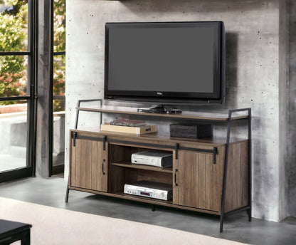 Rashawn Rustic TV Stand Oak with black metal frame supporting a TCL TV on top on Tampa Home & Garden Store