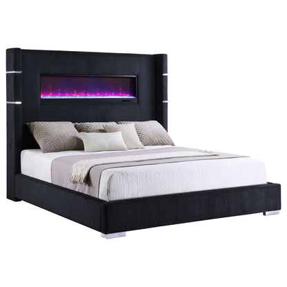 Judah Flame Visualizer Bed in black ribbed upholstery with built-in electric fireplace on Tampa Home & Garden Store