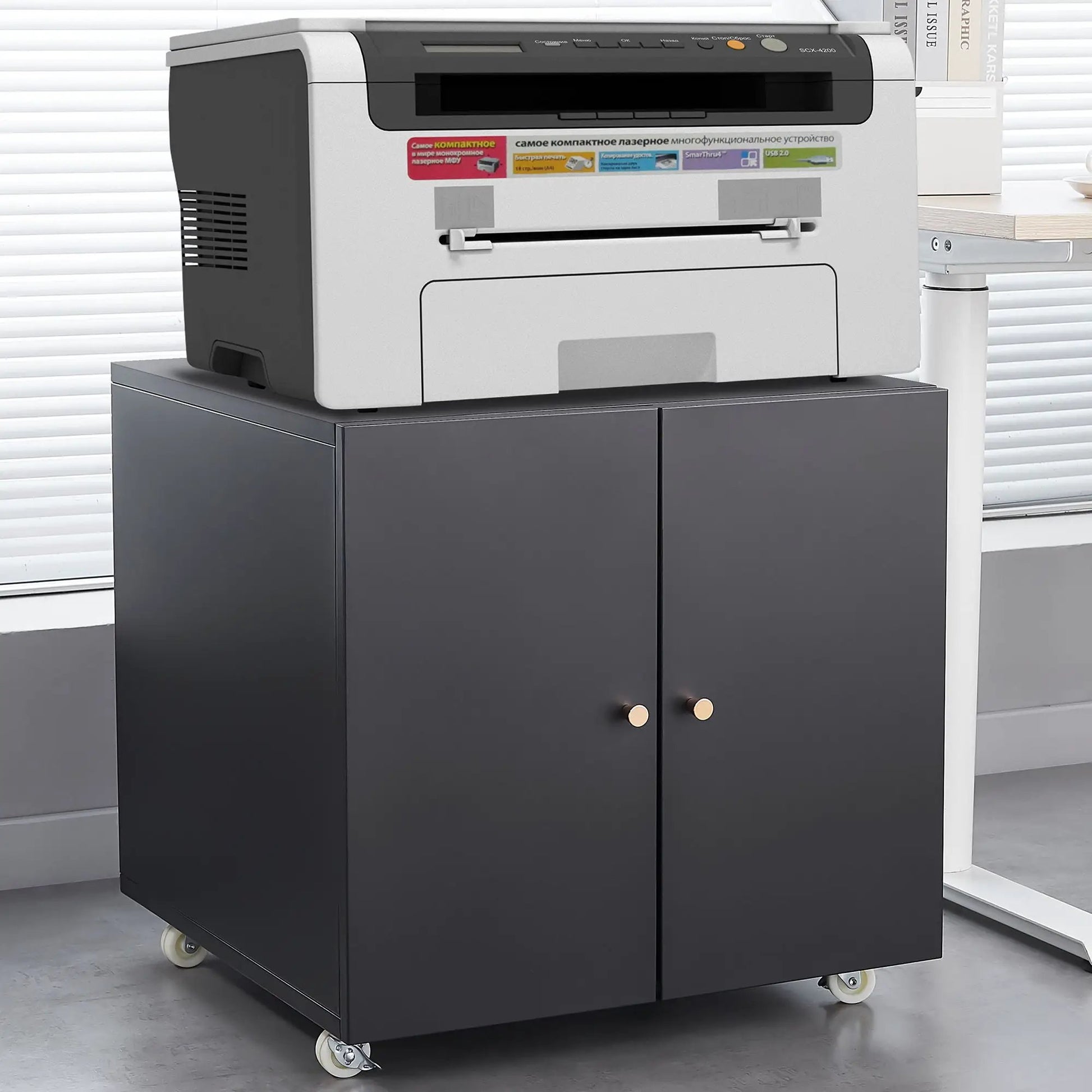 2-door steel copier cabinet on caster wheels; dark gray body with light top mobile printer stand on Tampa Home & Garden Store