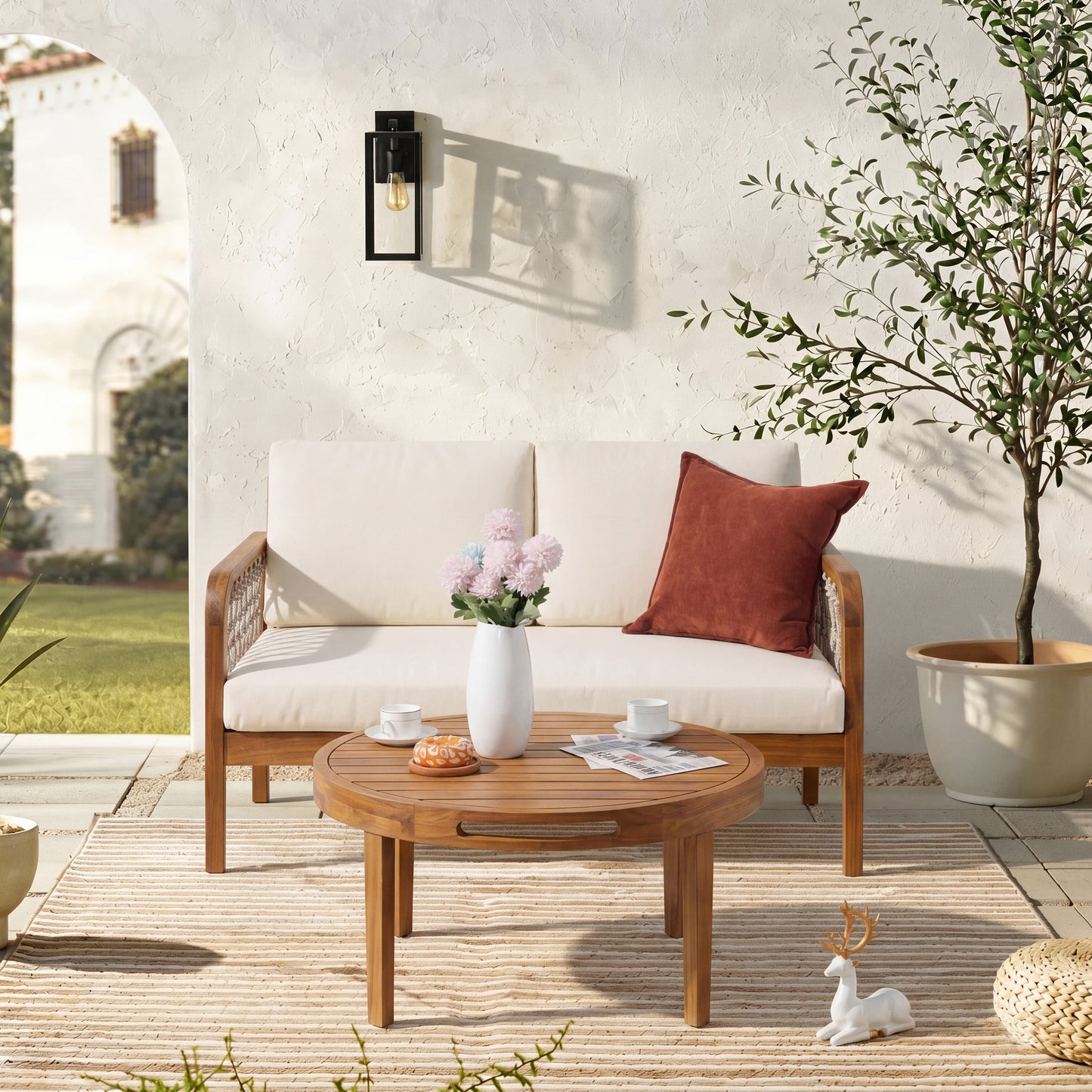 Outdoor Acacia Wood Loveseat and Coffee Table Set