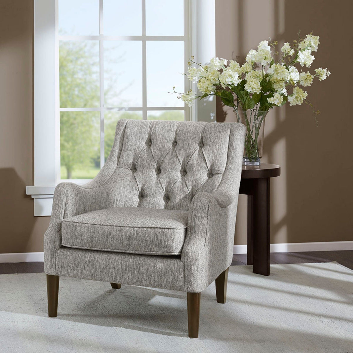Button tufted accent chair with removable cushion in gray fabric, HouseOfZazla armchair on Tampa Home & Garden Store