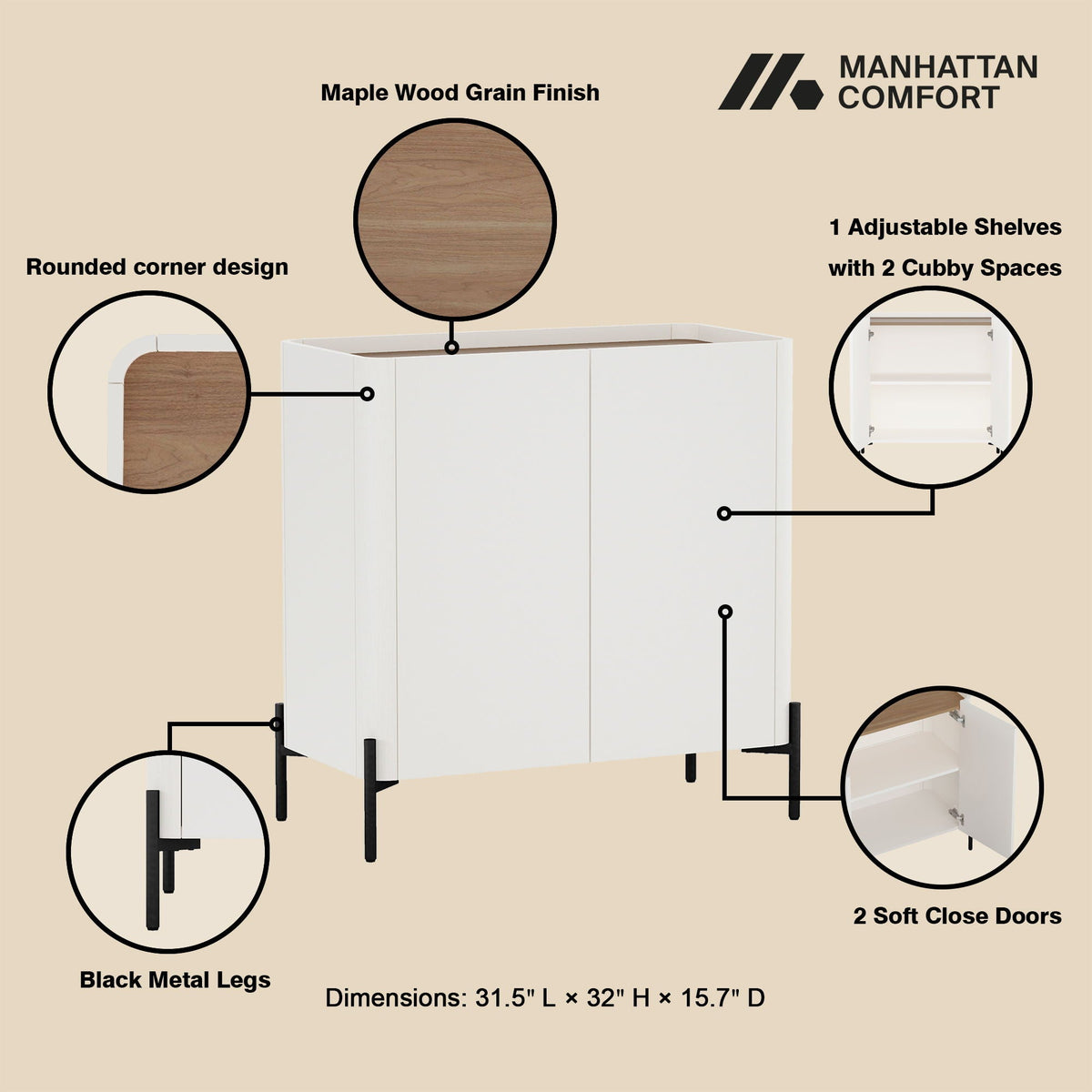 Abbey Accent Cabinet Manhattan Comfort maple top, rounded corners, 2 soft-close doors, black legs on Tampa Home & Garden Store