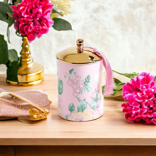 Gia Roma Vintage Floral Candle Set pink floral tin with gold lid and pink tassel on table on Tampa Home & Garden Store