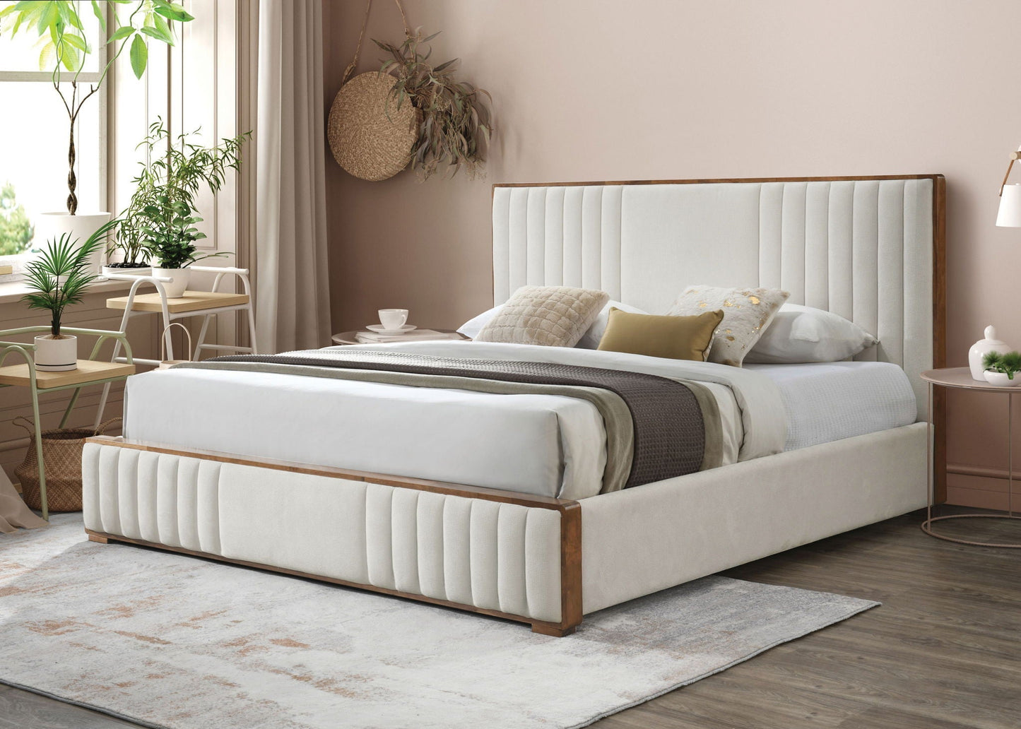 Kaleea Queen Bed beige upholstered platform bed with wood frame by HouseOfZazla on Tampa Home & Garden Store