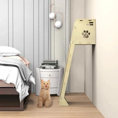 Luxury wall-leaning cat climbing tower in wood with ramp and perch in a modern bedroom on Tampa Home & Garden Store