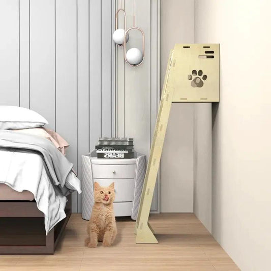 Luxury wall-leaning cat climbing tower in wood with ramp and perch in a modern bedroom on Tampa Home & Garden Store