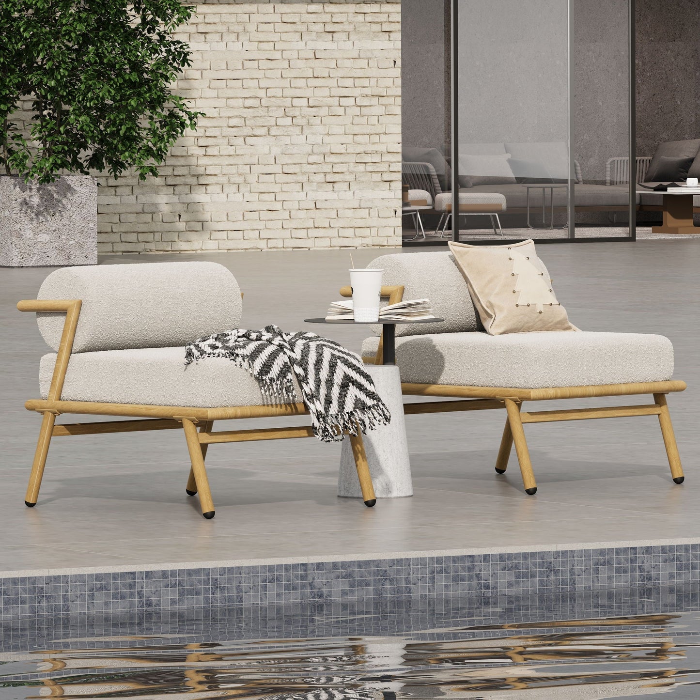 La Fiora outdoor patio club chairs set of 2 in off white cushions with teak wood frames on Tampa Home & Garden Store