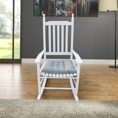 Wooden porch rocker chair white finish with light gray cushion indoor display on Tampa Home & Garden Store