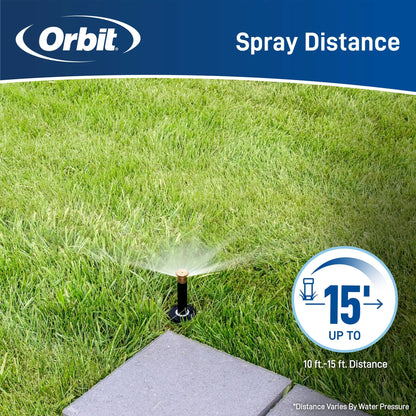 Brass adjustable sprinkler nozzle Orbit Irrigation with 15 ft spray distance watering a lawn on Tampa Home & Garden Store