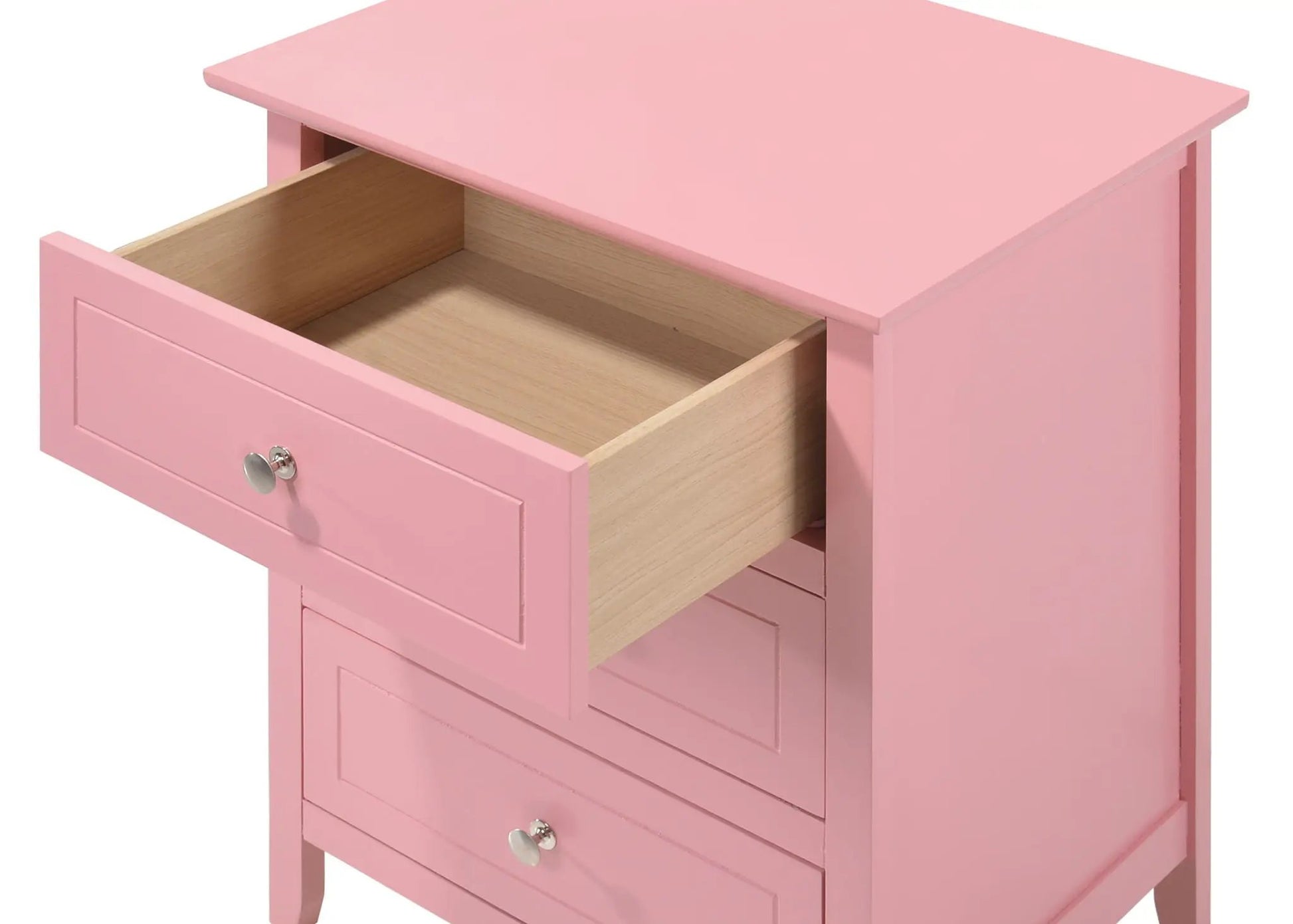 Dove-tailed 3-drawer pink nightstand with light wood interior and silver knob pulls on Tampa Home & Garden Store
