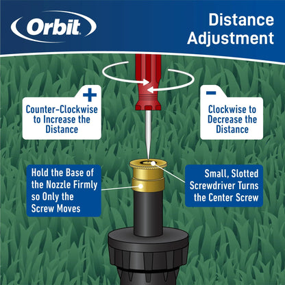 Orbit Irrigation brass spray nozzle for sprinkler heads with 15ft coverage and distance arrows on Tampa Home & Garden Store