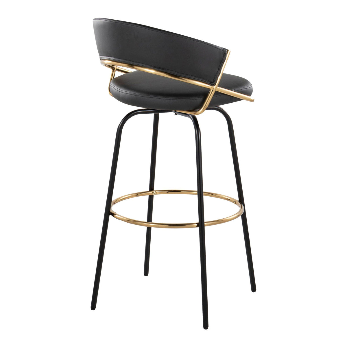 Fixed-height contemporary barstool with black upholstered seat and back, gold metal frame and circular footrest on Tampa Home & Garden Store