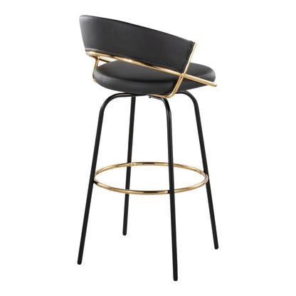 Fixed-height contemporary barstool with black upholstered seat and back, gold metal frame and circular footrest on Tampa Home & Garden Store