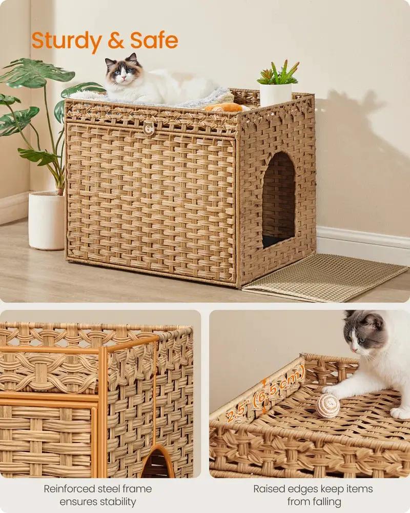 Cat litter box cabinet handwoven in rattan with washable tray; cat on top, Max Rex Collection on Tampa Home & Garden Store