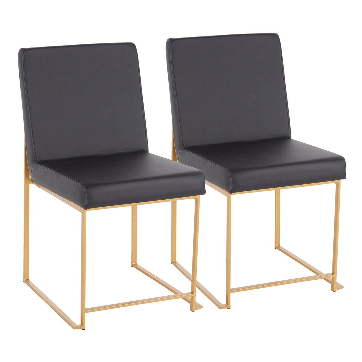 Pair of contemporary high-back dining chairs with charcoal gray upholstery and gold metal frame on Tampa Home & Garden Store