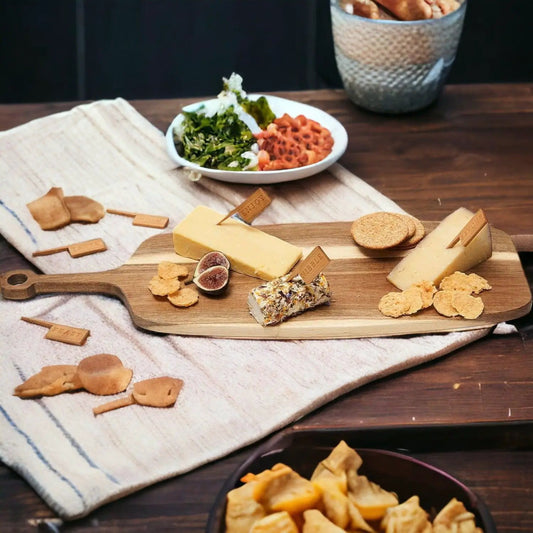 Board + Bamboo Markers 23x8 in natural wood serving tray with cheeses, crackers, and figs by Gia Roma on Tampa Home & Garden Store