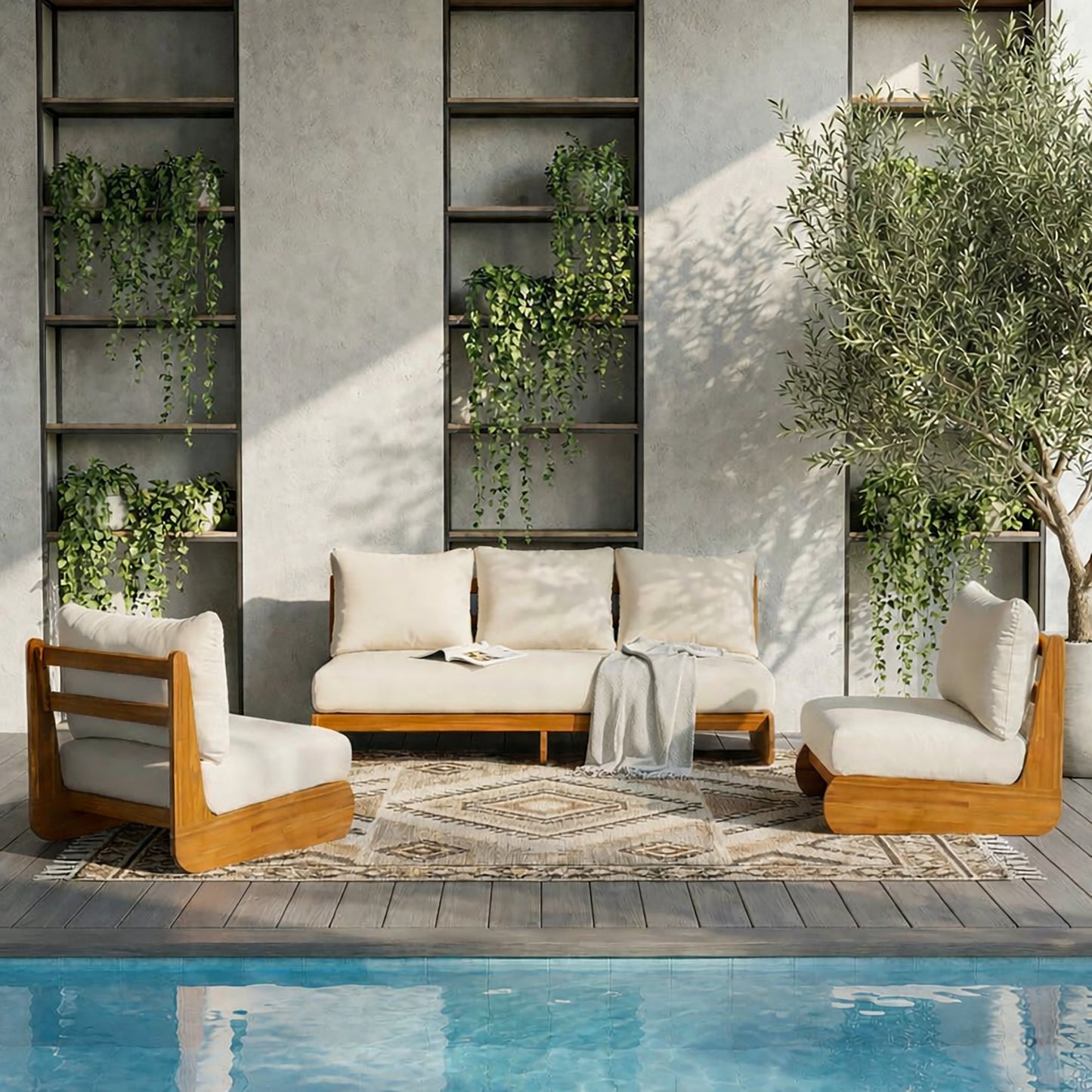 Outdoor Acacia Lazy 5 Seater Chat Set cream cushions, 5-seat patio seating on Tampa Home & Garden Store
