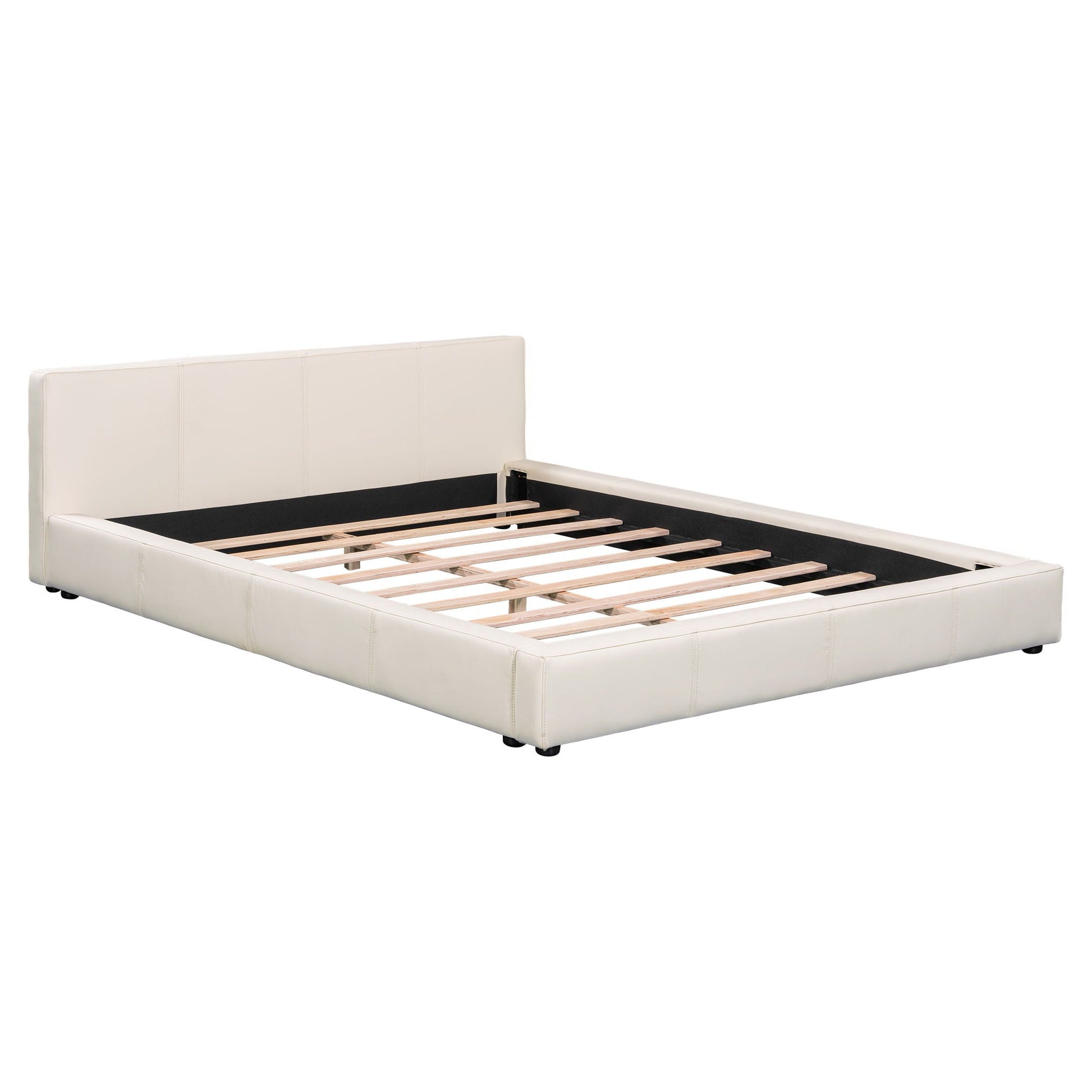 Upholstered bed with cream white faux leather and birch wood frame with slatted base on Tampa Home & Garden Store