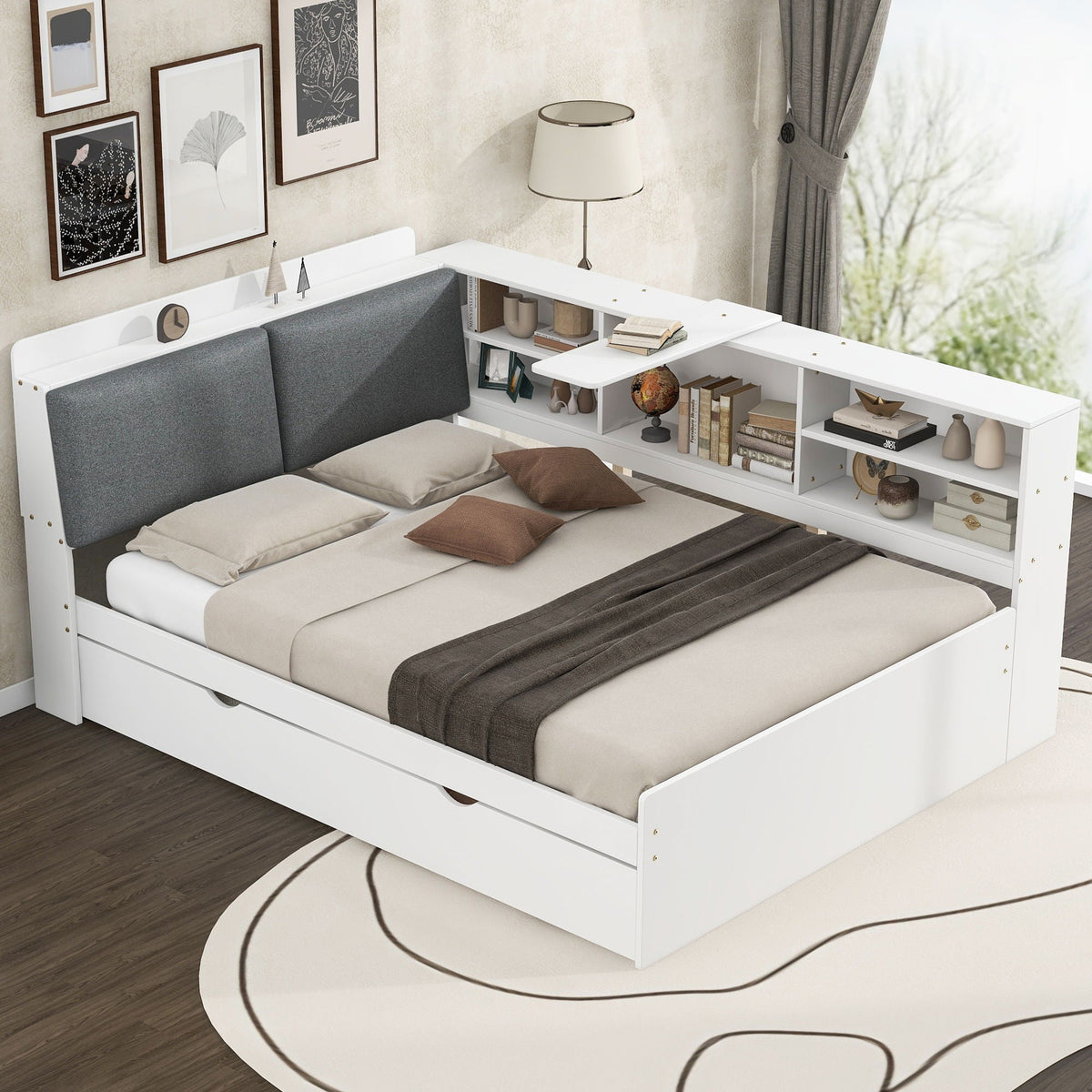 Platform bed with trundle and storage headboard with built-in shelves, white frame on Tampa Home & Garden Store