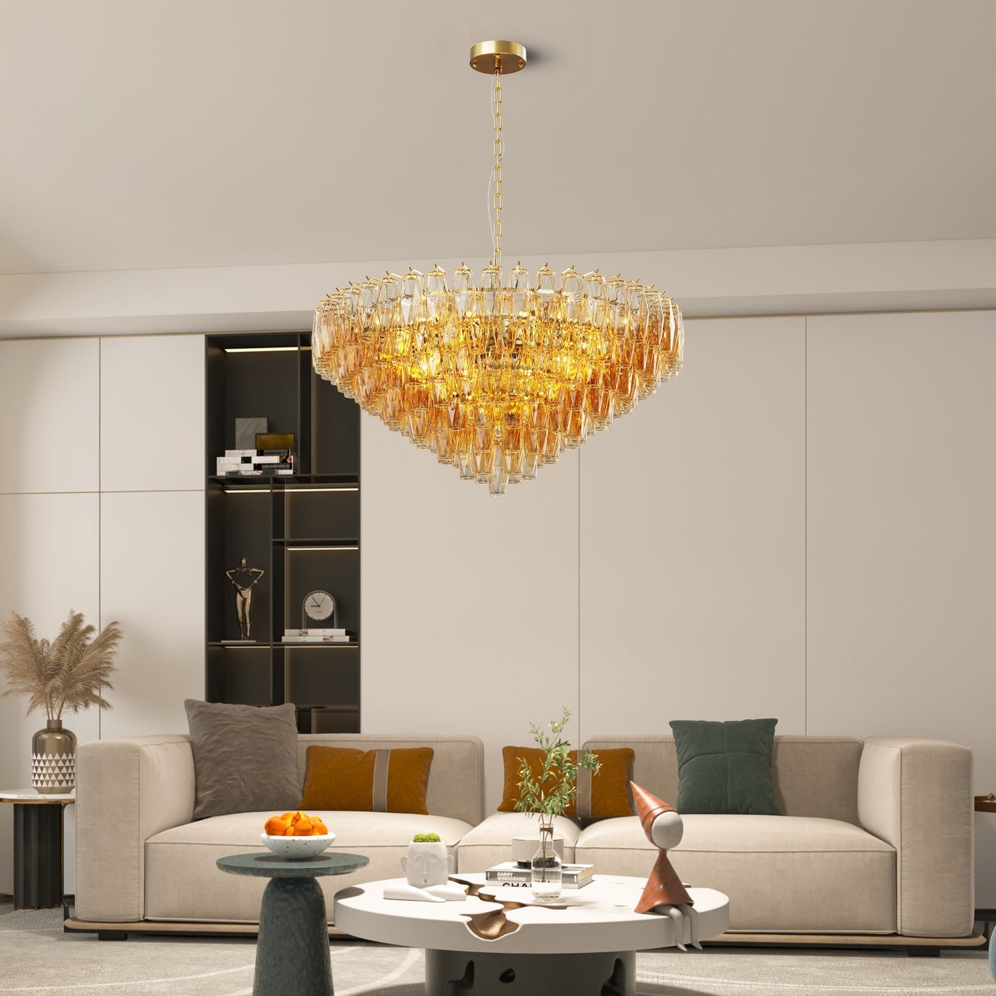 37in Extra Large 14-Light Gold Modern Round Chandelier with crystal prisms on Tampa Home & Garden Store