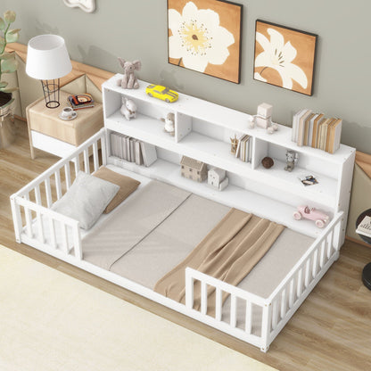 Floor Bed with a Bookcase and Side Guardrails