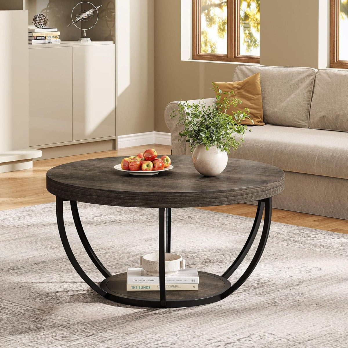 2 Tier Circle Coffee Table with Storage Shelves in dark brown finish with curved black metal legs on Tampa Home & Garden Store