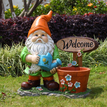 Welcome Outdoor Gnome and Flower Pot Planter