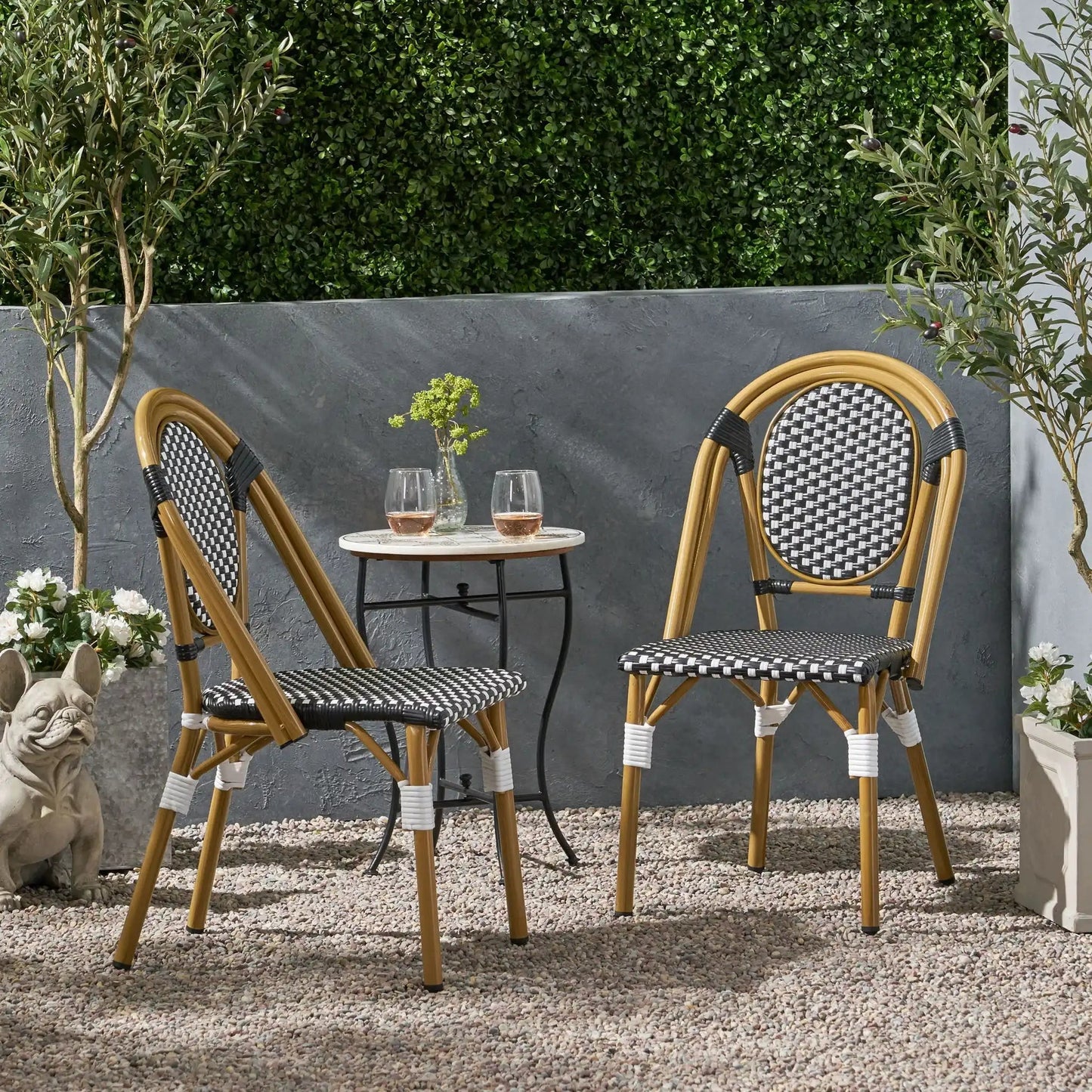 Outdoor rattan and aluminum French Bistro chair set four chairs with woven black/white seats by HouseOfZazla on Tampa Home & Garden Store