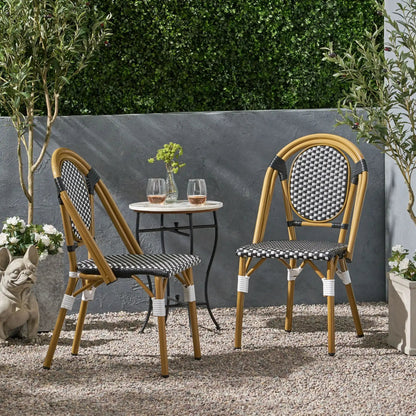 Outdoor rattan and aluminum French Bistro chair set four chairs with woven black/white seats by HouseOfZazla on Tampa Home & Garden Store