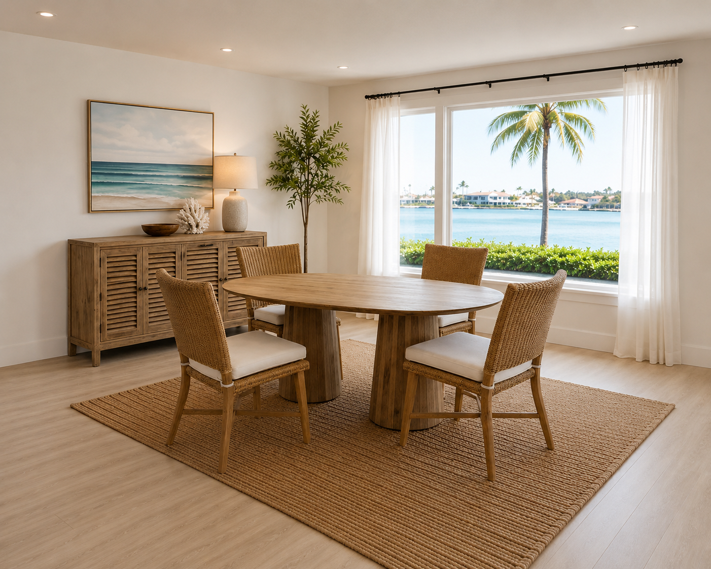 Mango Wood Oval Dining Table with pedestal base 71x35x30 in paired with four wicker chairs on Tampa Home & Garden Store