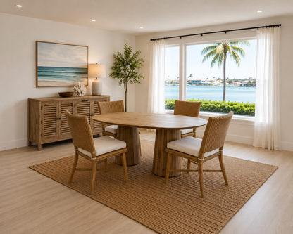 Mango Wood Oval Dining Table with pedestal base 71x35x30 in paired with four wicker chairs on Tampa Home & Garden Store