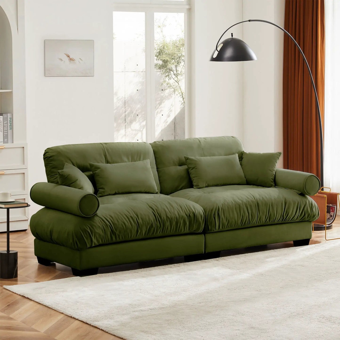 Modern sofa with bolstered armrests and pillows, green upholstery Unique Piece Furniture on Tampa Home & Garden Store