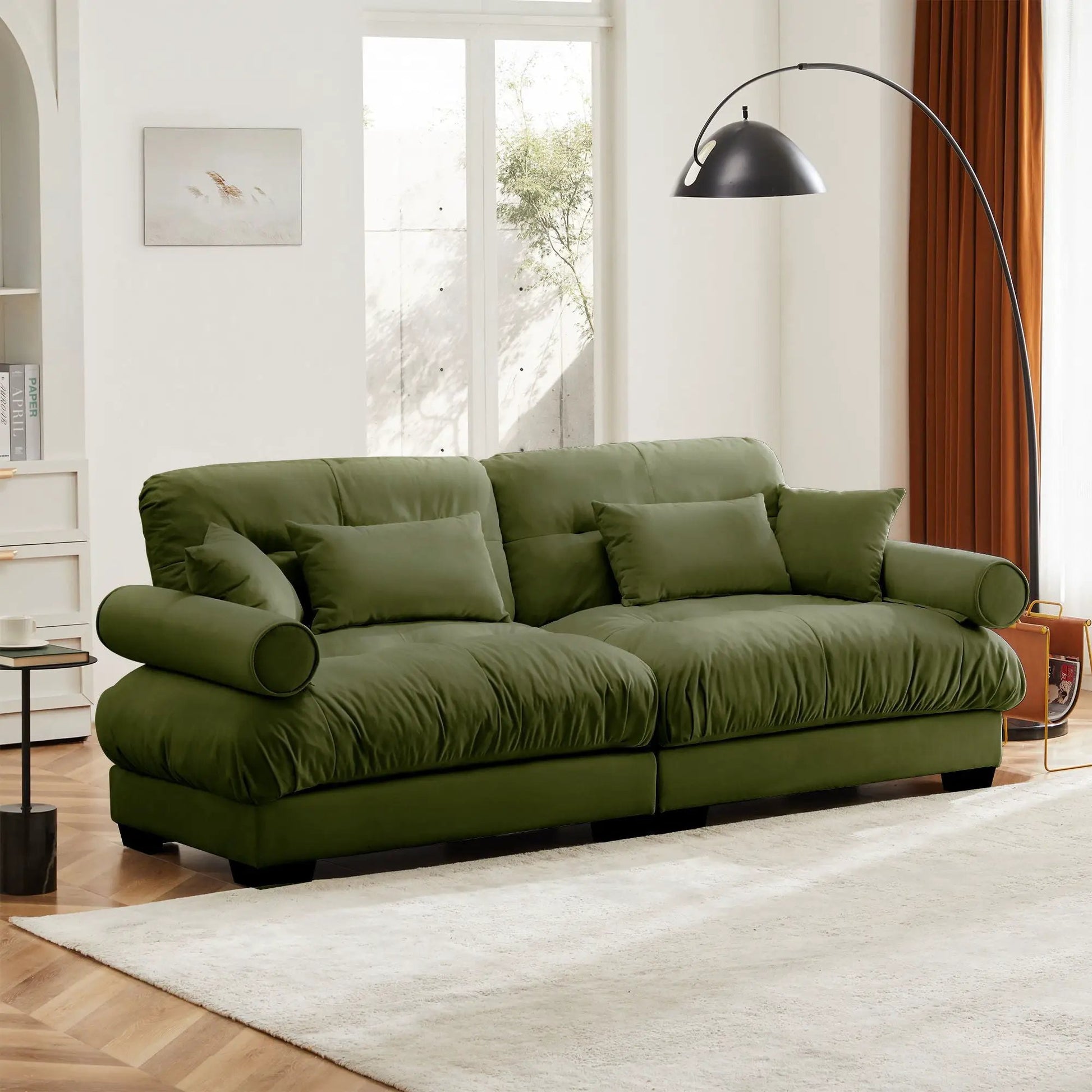 Modern sofa with bolstered armrests and pillows, green upholstery Unique Piece Furniture on Tampa Home & Garden Store