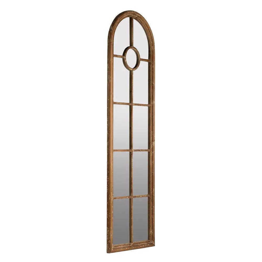 Half Round Elongated Mirror with Decorative Window Look in brown solid fir wood on Tampa Home & Garden Store