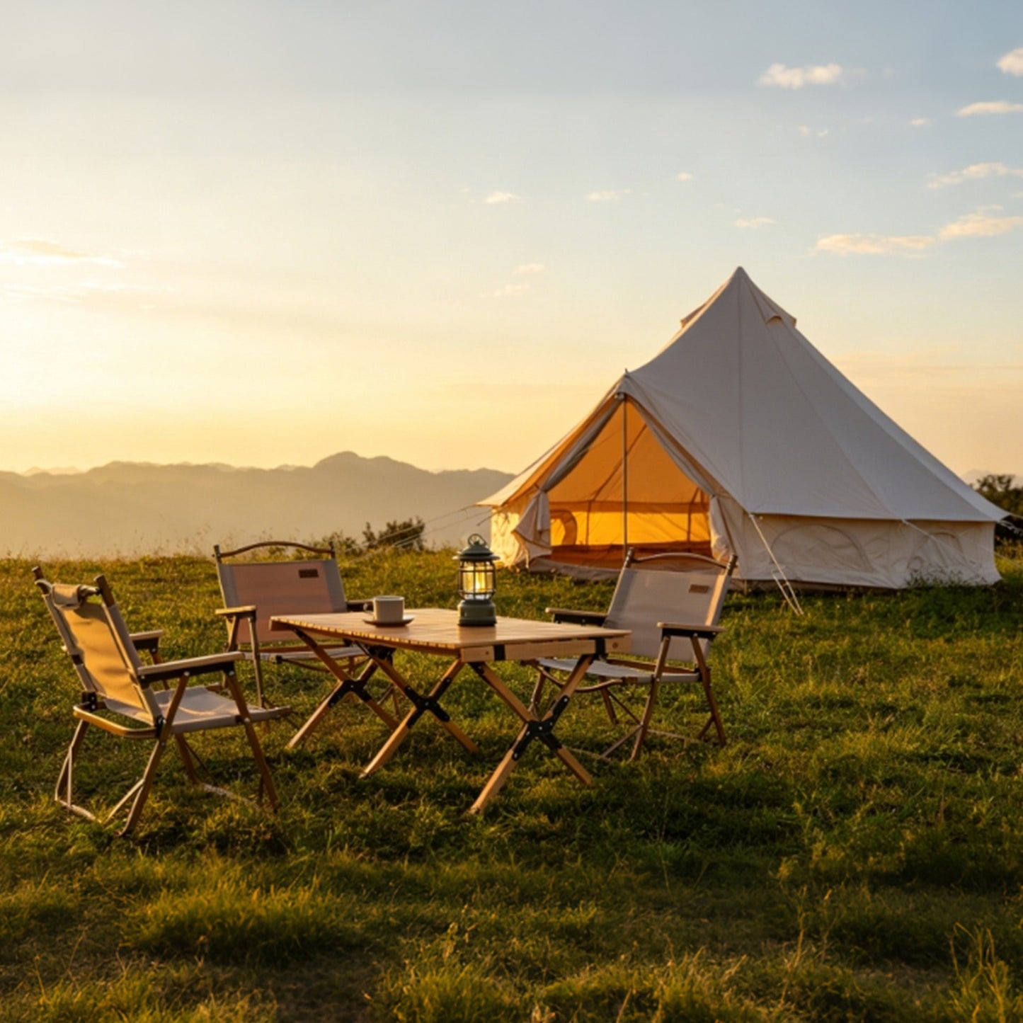GemGear Oxford Bell Tent 13.1ft with stove jack, cream canvas, camping table and chairs on Tampa Home & Garden Store