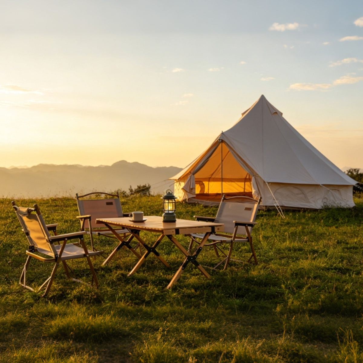 Tent GemGear Oxford Bell Tent 13.1ft with stove jack, cream canvas, 4 chairs around table scene on Tampa Home & Garden Store